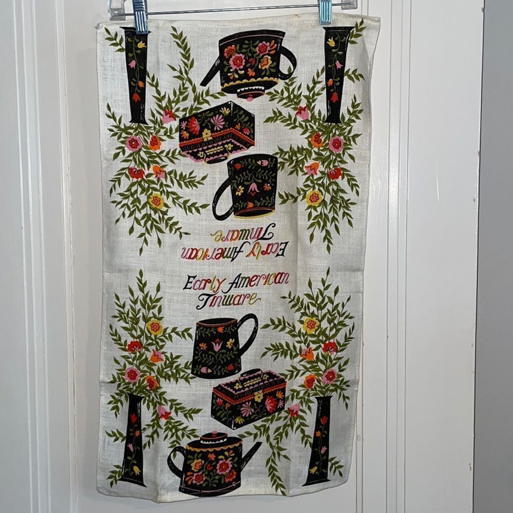 Vintage mid century linen Early American Tinware tea towel or wall hanging